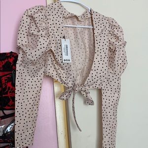 Cotton polka dot open back blouse cream